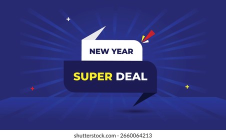Ano Novo Super Deal web banner vetor arte modelo design emblema ícone rótulo branco azul escuro formas abstrato fundo com luz sol brilho moderno estilo de negócios para uso de marketing promocional