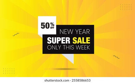 New Year Super Sale! 50% Off - Limited Time Offer. Editable EPS Banner Template with Black and White Shapes and Yellow-Orange Gradient Background. Grab it this week only!