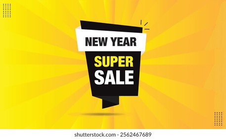 New Year Super Sale Banner Editable Icon Sticker Label EPS Format Template Design with Black and White Shapes, featuring an Orange and Yellow Hot Background for a vibrant, eye-catching look