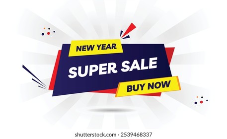 New Year Super Sale! Buy Now banner template featuring a light yellow and dark blue gradient with a white background and vibrant red shapes, perfect for eye-catching promotions and seasonal marketing