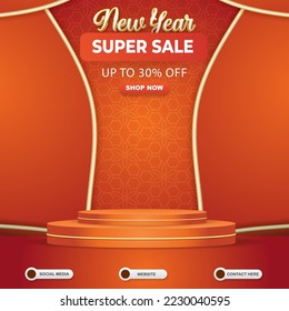 new year super sale discount social media template banner post with blank space 3d podium for product sale with abstract gradient red and orange background design