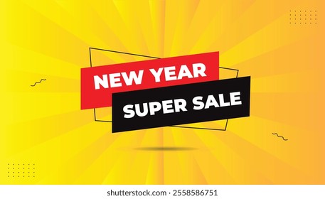 New Year Super Sale editable sticker icon vector illustration design with bold white font, black and red shapes, on an orange and yellow background. Perfect for eye-catching promotions!