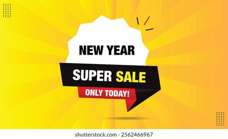 New Year Super Sale editable sticker icon! Bold black-red gradient design, white-yellow font, and orange abstract shapes. Perfect EPS banner template for today's hot deals. Modern and eye-catching!