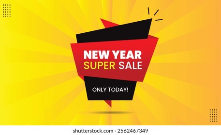 New Year Super Sale Editable Sticker Icon! Eye-catching label design in EPS format featuring bold yellow font, red-black shapes, and a vibrant yellow-orange abstract background. Hot deal, today only!