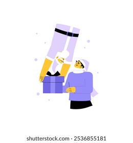 New Year Surprise Gift Exchange With Santa In Flat Vector Illustration Symbolizing Celebration, Festivity, And Joy, Isolated On White Background
