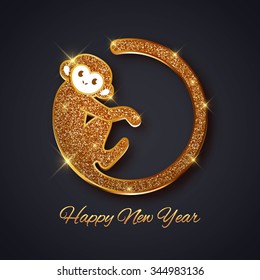 New Year symbol 2016 gold glitter monkey design, postcard, greeting card, banner, vector illustration