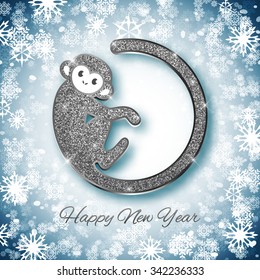 New Year symbol 2016 silver glitter monkey design, postcard, greeting card, banner, vector illustration