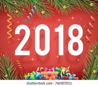 New Year Symbol 2018 Icon Confetti Ribbons Greeting Card Template Vector Illustration
