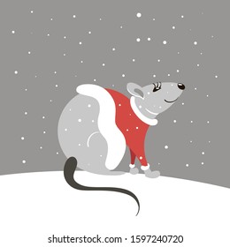 New Year symbol of 2020. illustration of a rat in a red coat on a gray background. It is snowing.
