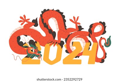 Neues Jahr Symbol für 2024 Konzept. Orientalischer roter Drache sitzt auf der Nummer, chinesischer Kalender, asiatisches Tierchen, Reptilien aus dem japanischen Horoskop. Flache einzelne Vektorgrafik auf weißem Hintergrund