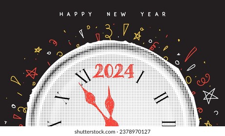 New Year symbol of 2024. Halftone New Year and Christmas symbol for decoration posters, banners, flyers, social media. Vector illustration with hand drawn doodle fireworks and halftone wall clock.
