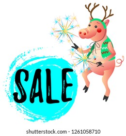 New Year symbol  funny dancing pig with sparklers sale offer banner