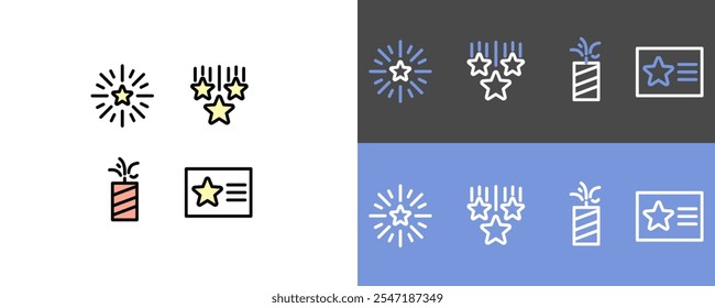 New year symbol set - firelight, firework, firecracker and certificate icon symbols