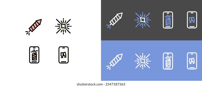 New year symbol set - firelight, firework, firecracker and champagne icon symbols