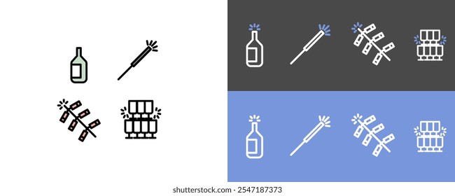 New year symbol set - firelight, firework, firecracker and champagne icon symbols