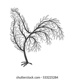 New Year symbol stylized branches cock. For use as logos on cards, in printing, posters, invitations, web design and other purposes.