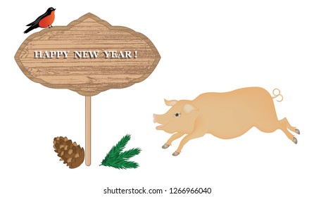 New Year symbols - funny pig, billboard, bullfinch, fir-cone, Christmas tree branch - isolated on white background - vector