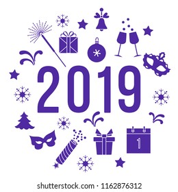 New Year symbols. Gifts, firecrackers, fireworks, bead, glasses with champagne, bell, christmas tree, mask, calendar, stars, snowflakes.