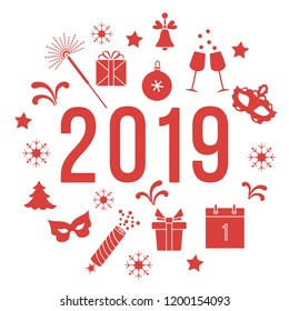 New Year symbols. Gifts, firecrackers, fireworks, bead, glasses with champagne, bell, christmas tree, mask, calendar, stars, snowflakes.