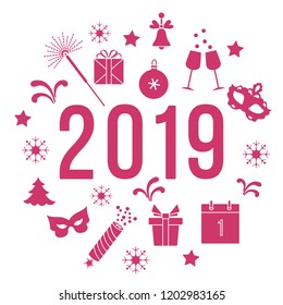 New Year symbols. Gifts, firecrackers, fireworks, bead, glasses with champagne, bell, christmas tree, mask, calendar, stars, snowflakes.