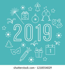 New Year symbols. Gifts, firecrackers, fireworks, bead, glasses with champagne, bell, christmas tree, mask, calendar, stars, snowflakes.