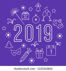 New Year symbols. Gifts, firecrackers, fireworks, bead, glasses with champagne, bell, christmas tree, mask, calendar, stars, snowflakes.