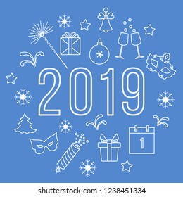 New Year symbols. Gifts, firecrackers, fireworks, bead, glasses with champagne, bell, christmas tree, mask, calendar, stars, snowflakes.