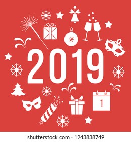 New Year symbols. Gifts, firecrackers, fireworks, bead, glasses with champagne, bell, christmas tree, mask, calendar, stars, snowflakes.