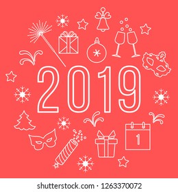 New Year symbols. Gifts, firecrackers, fireworks, bead, glasses with champagne, bell, christmas tree, mask, calendar, stars, snowflakes.