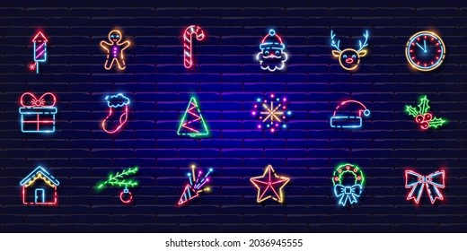 New year symbols neon set. Glowing icons. New Year and Christmas concept. Vector illustration for design.