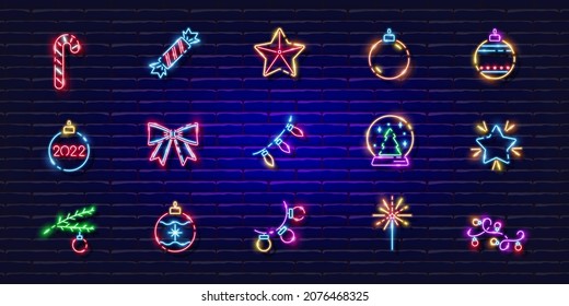 New year symbols neon set. Glowing icons. New Year and Christmas concept. Vector illustration for design