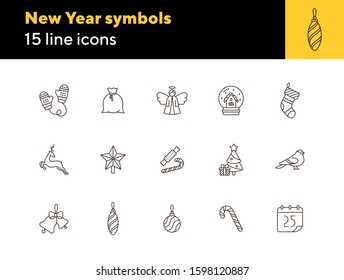 New Year symbols thin line icon set. Christmas sock, reindeer, mittens sign pack. Winter holidays concept. Vector illustration symbol elements for web design and apps