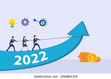 New year target vector concept. Group of business people pulling an upward arrow while standing above 2022 numbers with growth graph