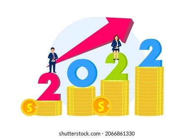 New year target vector concept. Two business people sitting on growth finance graph with 2022 numbers