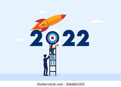 New year target vector concept. Two business people aiming a dart to target while using a ladder with 2022 numbers and rocket background