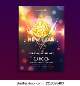 New Year template or flyer design with glowing disco ball, time, date and venue details on bokeh background.