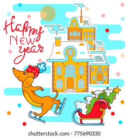 New Year template with funny yellow  dog skating and a Christmas tree in a sleigh. Vector flat illustration with winter landscape. Used as square background.
