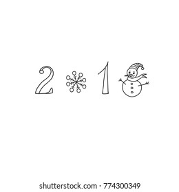 New Year template for Greeting card. Black number with snowman and Snowflake on white background. Vector Illustration.