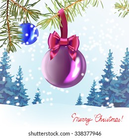 new year, the template for greetings with Christmas trees decorated with balls, ribbon, vector isolated