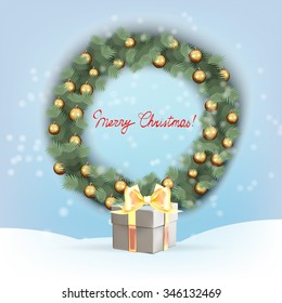 new year, the template for greetings with Christmas trees decorated with balls, vector isolated, elements for design greeting card with snowflakes, fir branches, bow frame, card, wreath