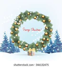 new year, the template for greetings with Christmas trees decorated with balls, vector isolated, elements for design greeting card with snowflakes, fir branches, bow frame, card, wreath