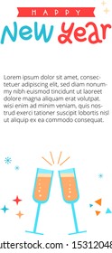 New Year template for a mail, announcement, banner, message, advertisement, booklet, brochure with congratulation and clinking glasses with champagne. White backdrop, inscription Happy New Year