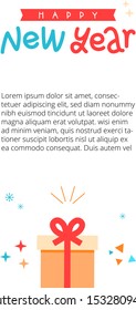 New Year template for a mail, announcement, banner, message, advertisement, booklet, brochure with congratulation and gift box. White backdrop, inscription Happy New Year