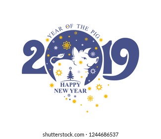 New Year template nice pig boar and christmas stars. Post stamp 2019. Happy New Year! Year of the Pig 2019. 
