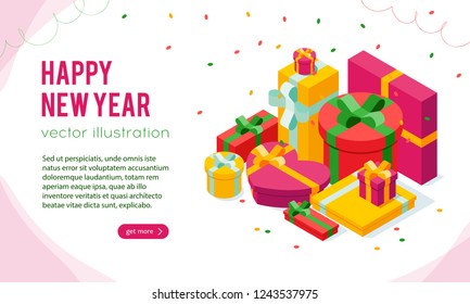 New Year template with pale of isometric gift boxes on white background, vector illustration. Bright, colorful present and gift boxes with ribbon bows, confetti particles. 