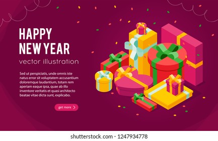 New Year template with pale of isometric gift boxes on dark background, vector illustration. Bright, colorful presents with ribbon bows, confetti particles. 