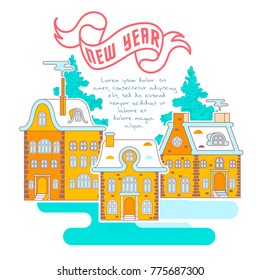 New Year template with space for text. Vector flat illustration with winter landscape. Used as background for greeting card, wishing celebration banner.