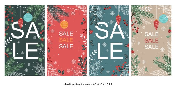 New Year templates for social media with decorations, plants, branches, Christmas trees, toys, snowflakes. Vector