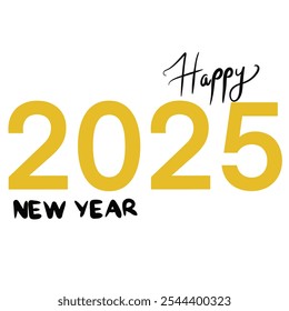 “Hand-drawn ‘Happy New Year 2025’ text in a festive and elegant style, ideal for celebratory designs, greeting cards, and seasonal decorations.”