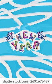 Texto de Nuevo año con petardos o gafas estilizadas como globos de aire en el resaltado blanco y fondo de rayas diagonales azul claro; una Ilustración vectorial de estilo de cómics de Vertical para tarjetas de felicitación